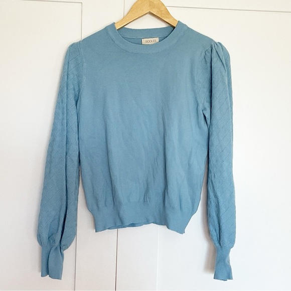 ROOLEE The Willis Textured Sweater Medium Blue soft lightweight puff sleeve - Picture 7 of 14